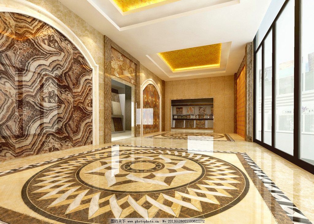 建材展厅设计 抛晶砖 办公大厅效果图 建材展示入口大厅 地面拼花
