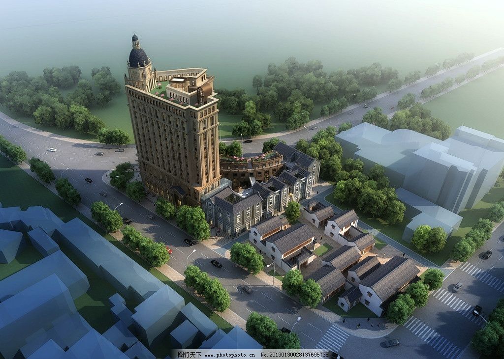 白天鸟瞰 建筑 白天 远景 鸟瞰 欧式建筑 建筑效果图 景观设计