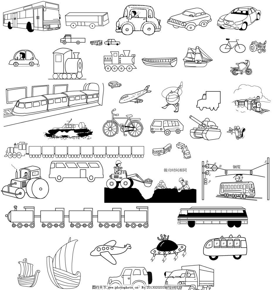 简笔画交通工具 黑白 卡通 教辅用图 线条画 汽车 客车 小汽车