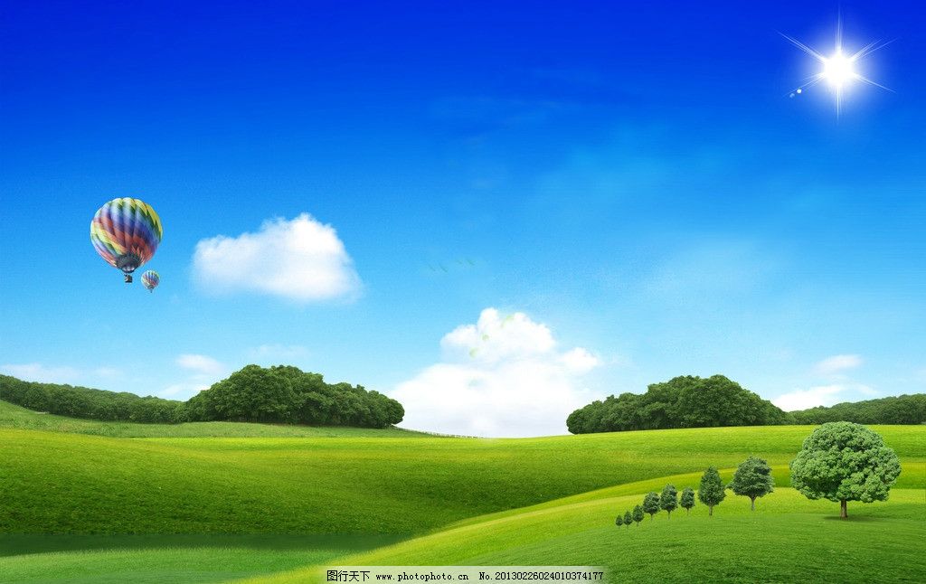 田园风景 田园 树木 草地 气球 蓝天白云 花草 环境优美 自然风景