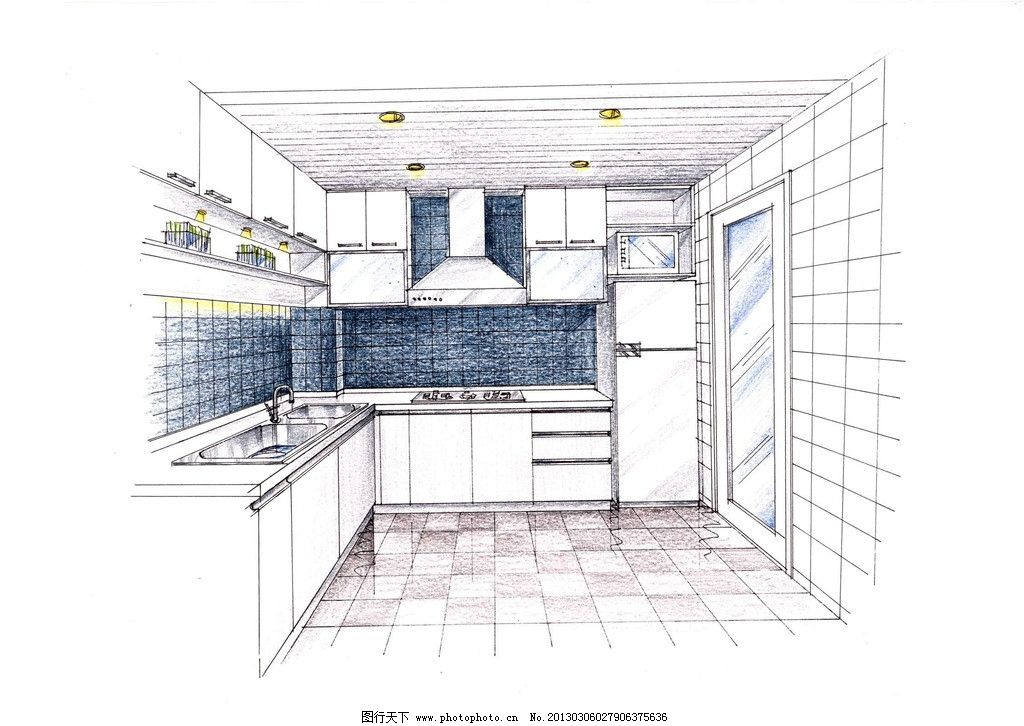 室内设计效果图 手绘效果图 厨房设计 厨房柜子设计 室内设计 环境