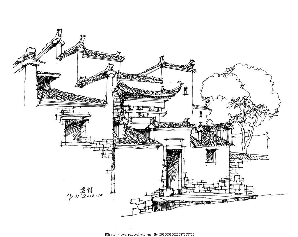 徽派建筑钢笔速写图片