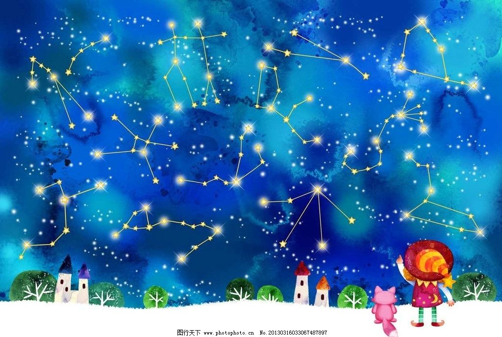 十二星座全景图 群星璀璨 星光闪耀 梦幻星空 小狐狸 小巫师 魔法师图片