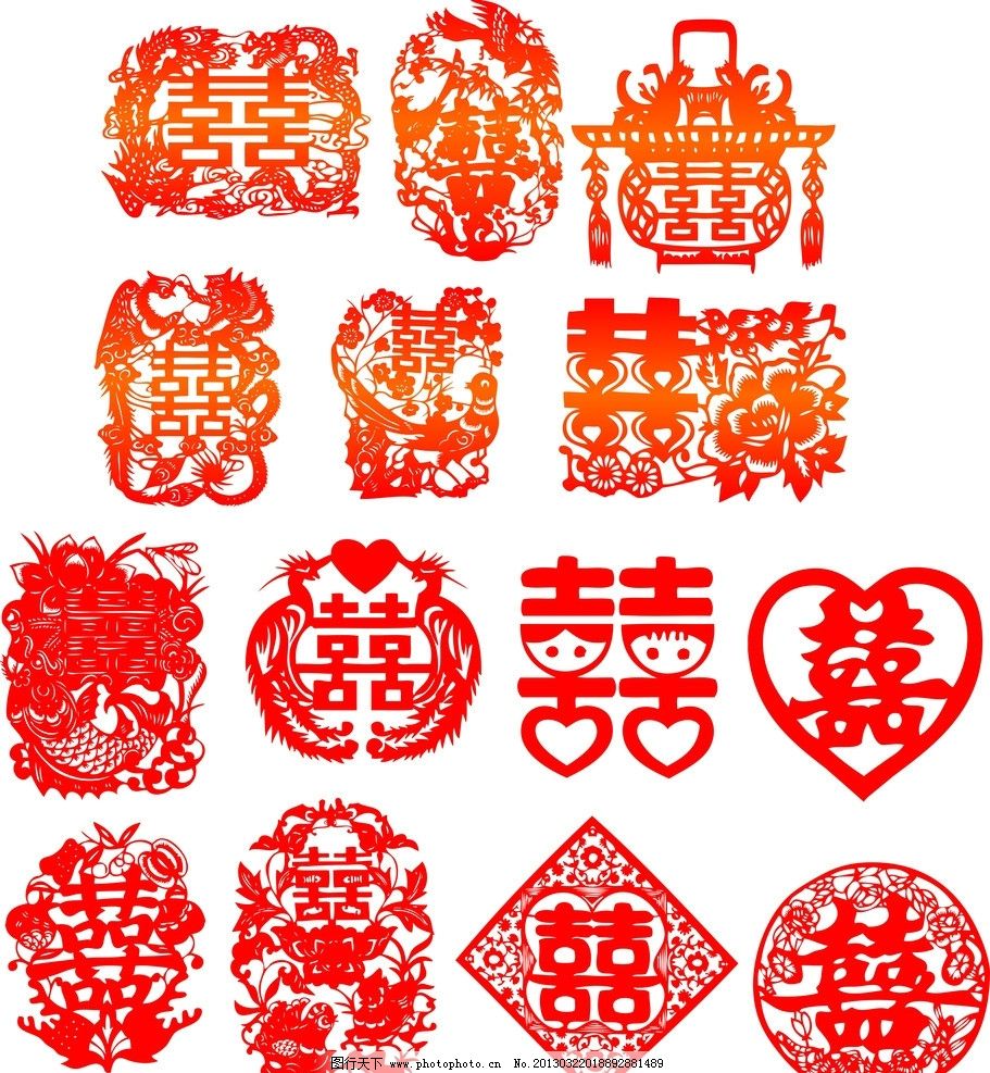 中国传统红色喜字 中国传统 红色喜字矢量素材 婚庆 剪纸 婚庆剪纸 中国 传统 红色 喜字 龙 凤 喜鹊 石榴 鸳鸯 鱼 囍 喜庆 矢量素材 传统文化 文化艺术 cdr 婚庆素材 结婚喜字 矢量 CDR