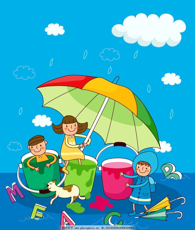 雨伞 雨天 下雨了 彩色雨伞 水桶 水滴 彩色水桶 字母 天气变化 蓝天 儿童 儿童插画 儿童色彩 快乐时光 儿童绘画 卡通插画 卡通人物 卡通形象 梦想天空 幼儿绘画 儿童世界 卡通设计 广告设计 矢量 AI
