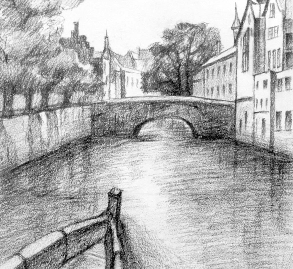 素描绘画作品 素描画 风景画 树木 欧式建筑 小桥 河流 船只 小船 舟